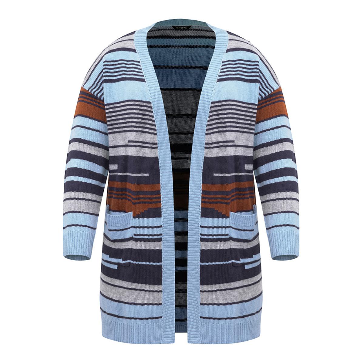 Plus Size Jacquard Asymmetrical Colorblock Contrast Cardigan Stone Women Casual Loose Long Sleeve Dailywear Cardigans BloomChic 10/M Product Image