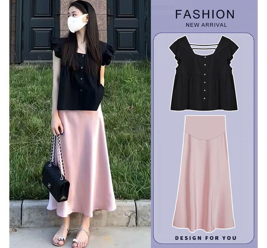 Maternity Cap-Sleeve Square Neck Plain Blouse / High Rise Slit Midi A-Line Skirt / Set Product Image
