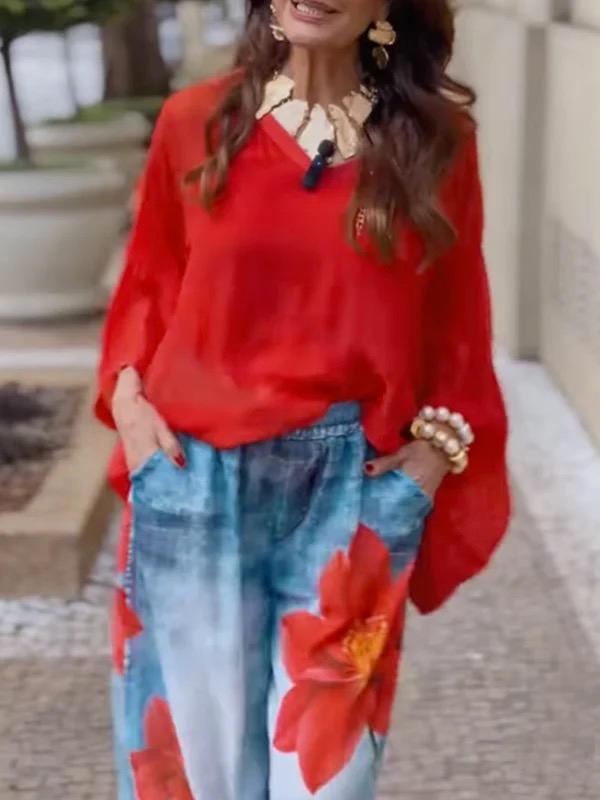 Loose Wide Leg Flower Print Jean Pants Bottoms Trousers Product Image