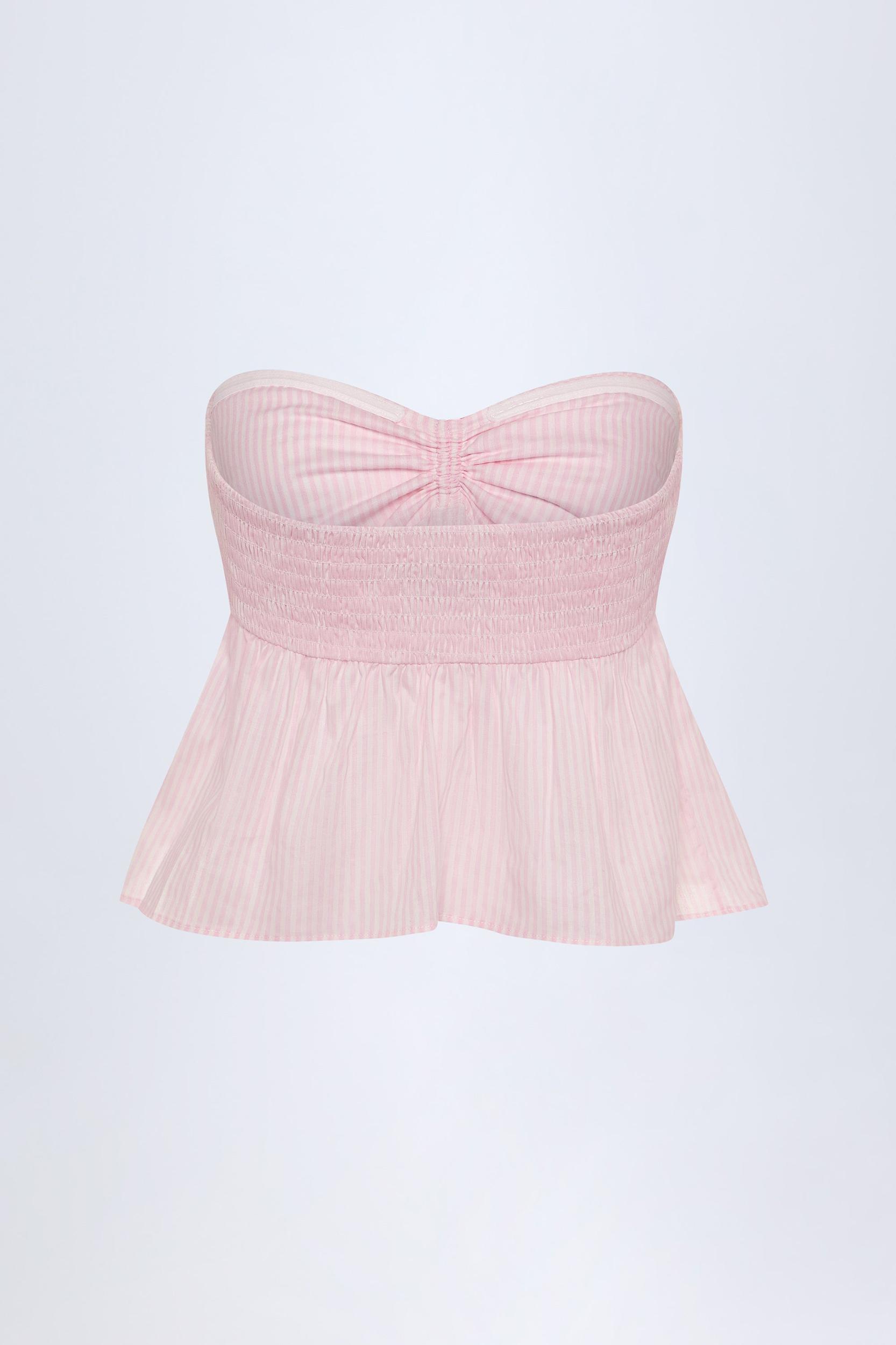 Tie-Front Strapless Cotton-Poplin Crop Top in Pink White Stripe Product Image