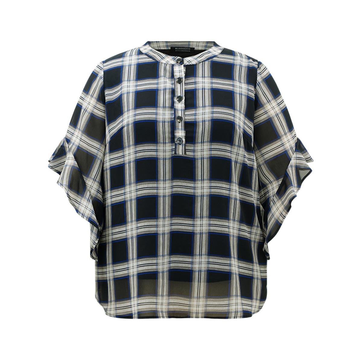 Plus Size Black Plaid Button Up Ruffles Bell Sleeve Blouse Women Office Half Sleeve Shirt collar Work Blouses BloomChic 14-16/1X Product Image