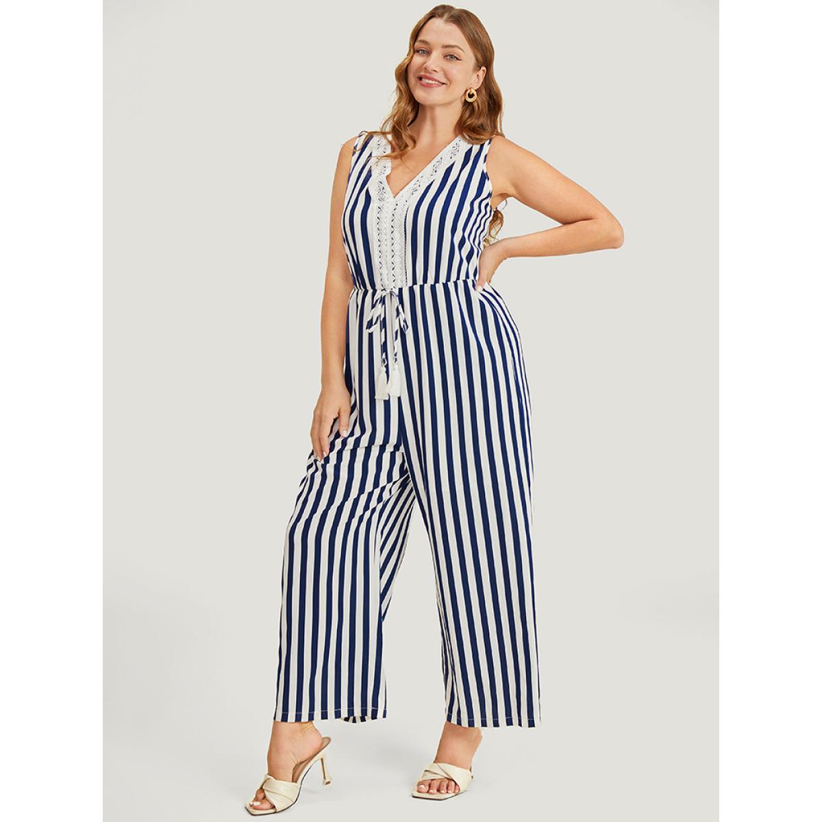 Plus Size DarkBlue Striped Print Contrast Lace Pocket Knot Tassels Tank Jumpsuit Women Office Sleeveless V-neck Office Loose Jumpsuits BloomChic 14-16/1X Product Image