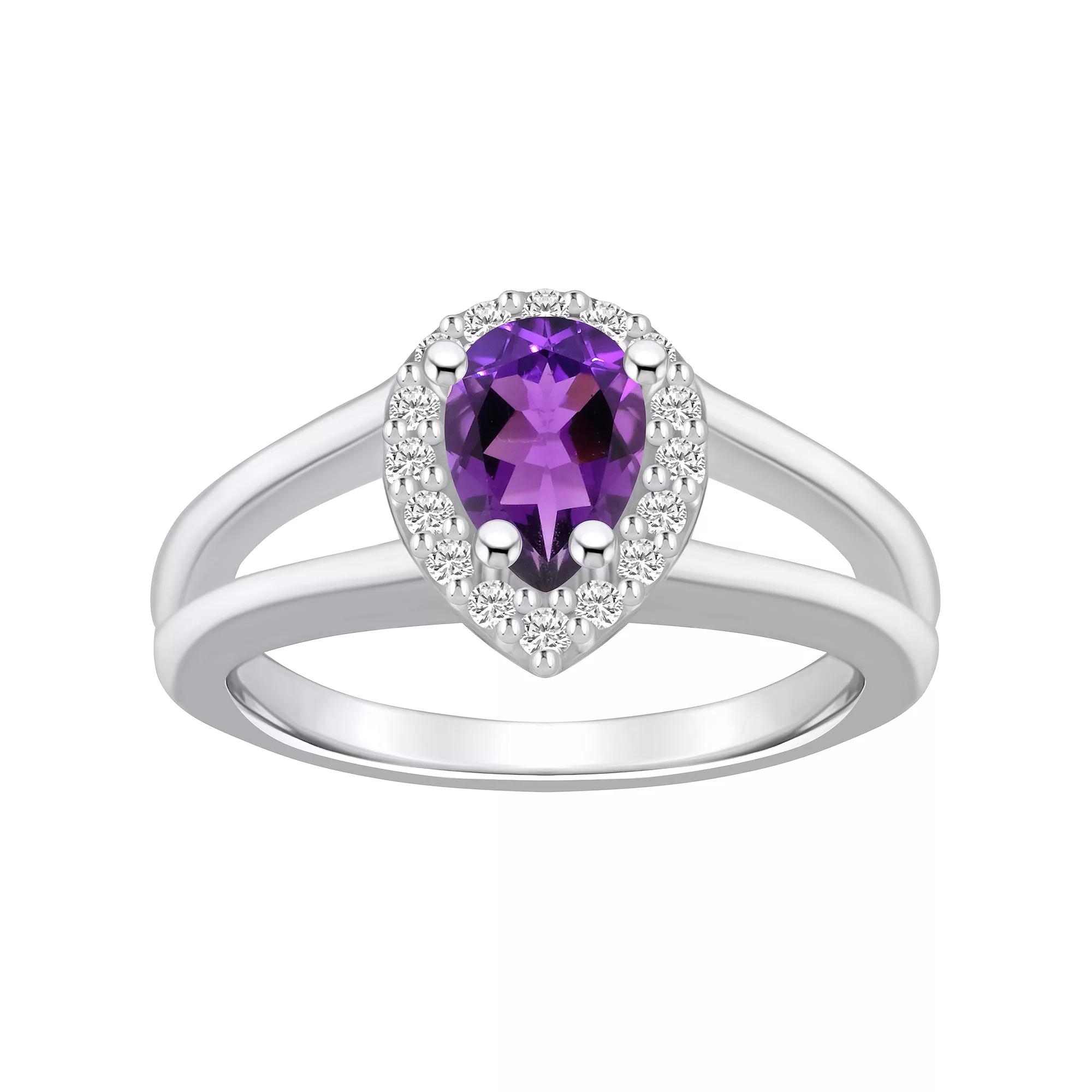 Alyson Layne 10k White Gold Pear Shape Gemstone 1/6 Carat T.W. Diamond Halo Ring, Women's, Size: 9, Purple Product Image