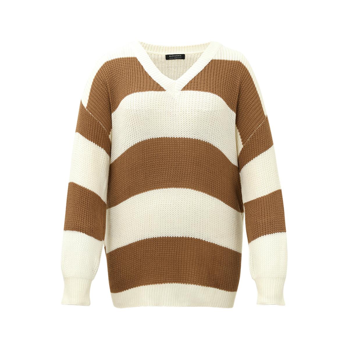 Plus Size Colorblock Lantern Sleeve Loose Pullover Bronze Women Casual Loose Long Sleeve V-neck Dailywear Pullovers BloomChic 18-20/2X Product Image