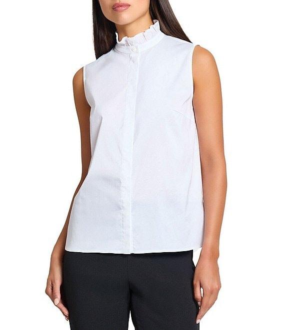 Ming Wang x Tanya Foster Stretch Cotton Mock Ruffle Neck Sleeveless Blouse Product Image