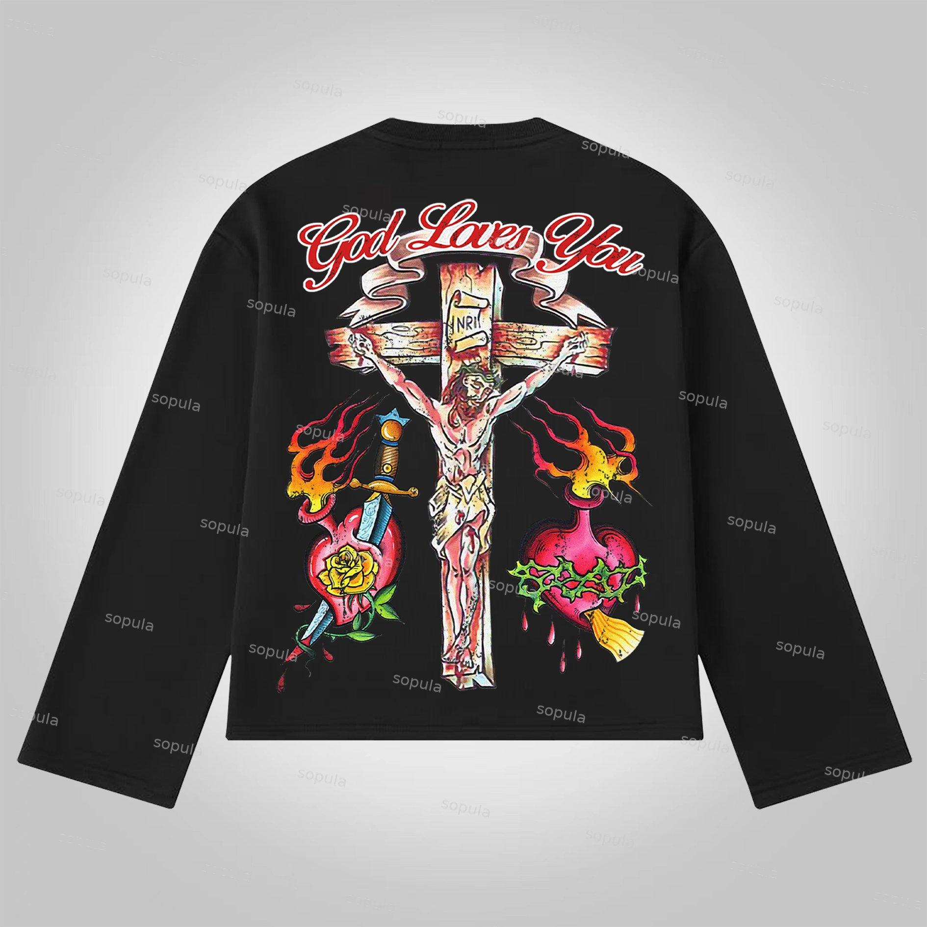 Sopula Jesus Portrait Faith Cross Graphic Print Cotton Long Sleeve T-Shirt Product Image