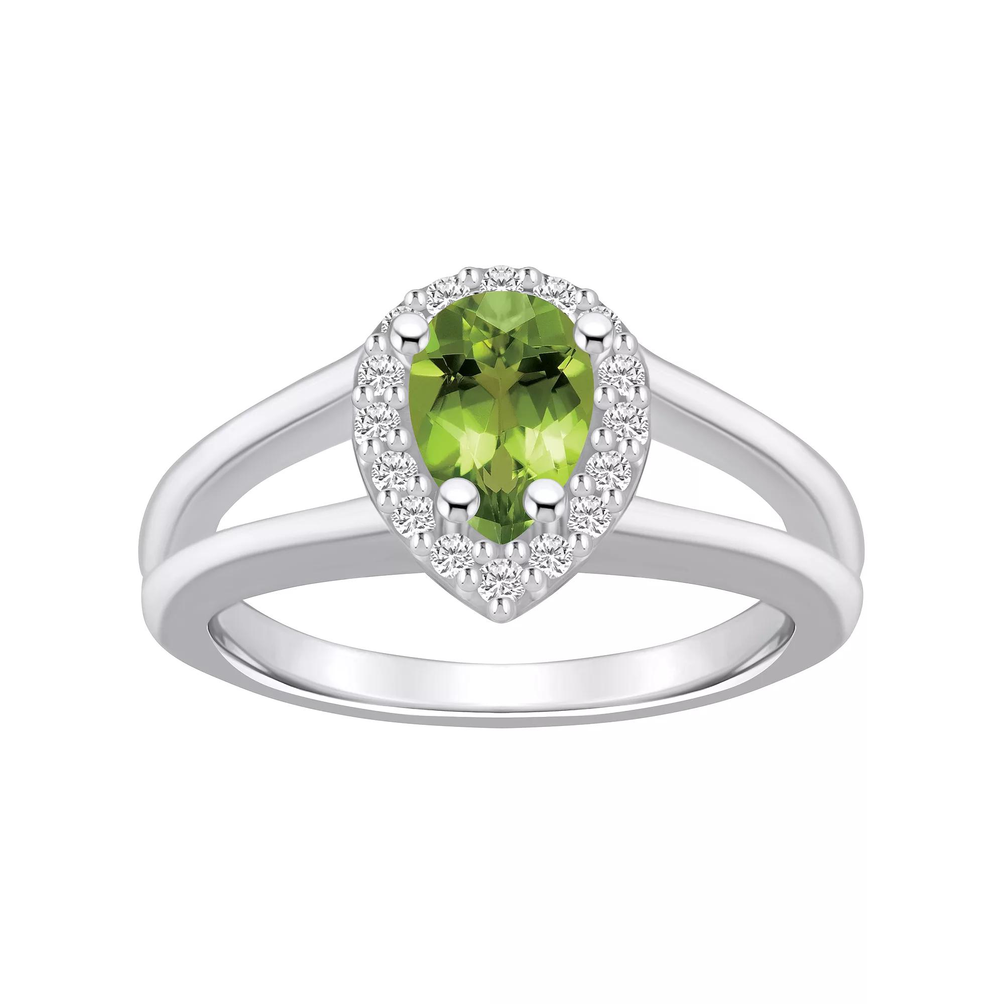 Alyson Layne 10k White Gold Pear Shape Gemstone 1/6 Carat T.W. Diamond Halo Ring, Women's, Size: 8, Peridot Product Image
