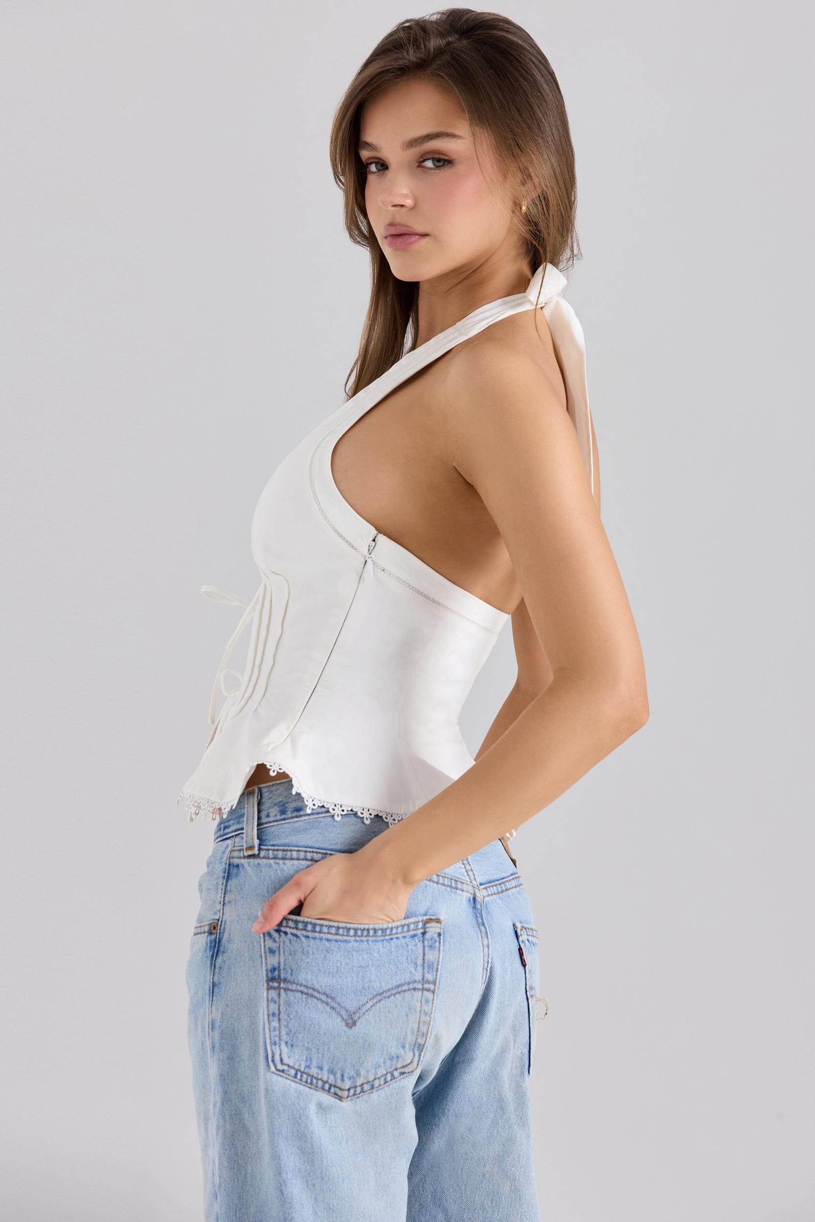 Elana  white stretch cotton halter neck corset top Product Image