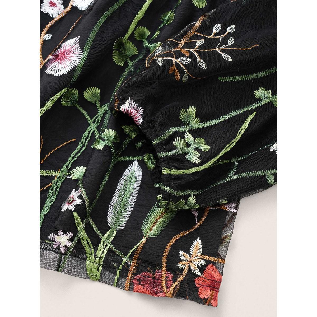 Plus Size Black Plants Embroidered Mesh Crochet Gathered Blouse Women Cocktail Long Sleeve Round Neck Party Blouses BloomChic 10/M Product Image