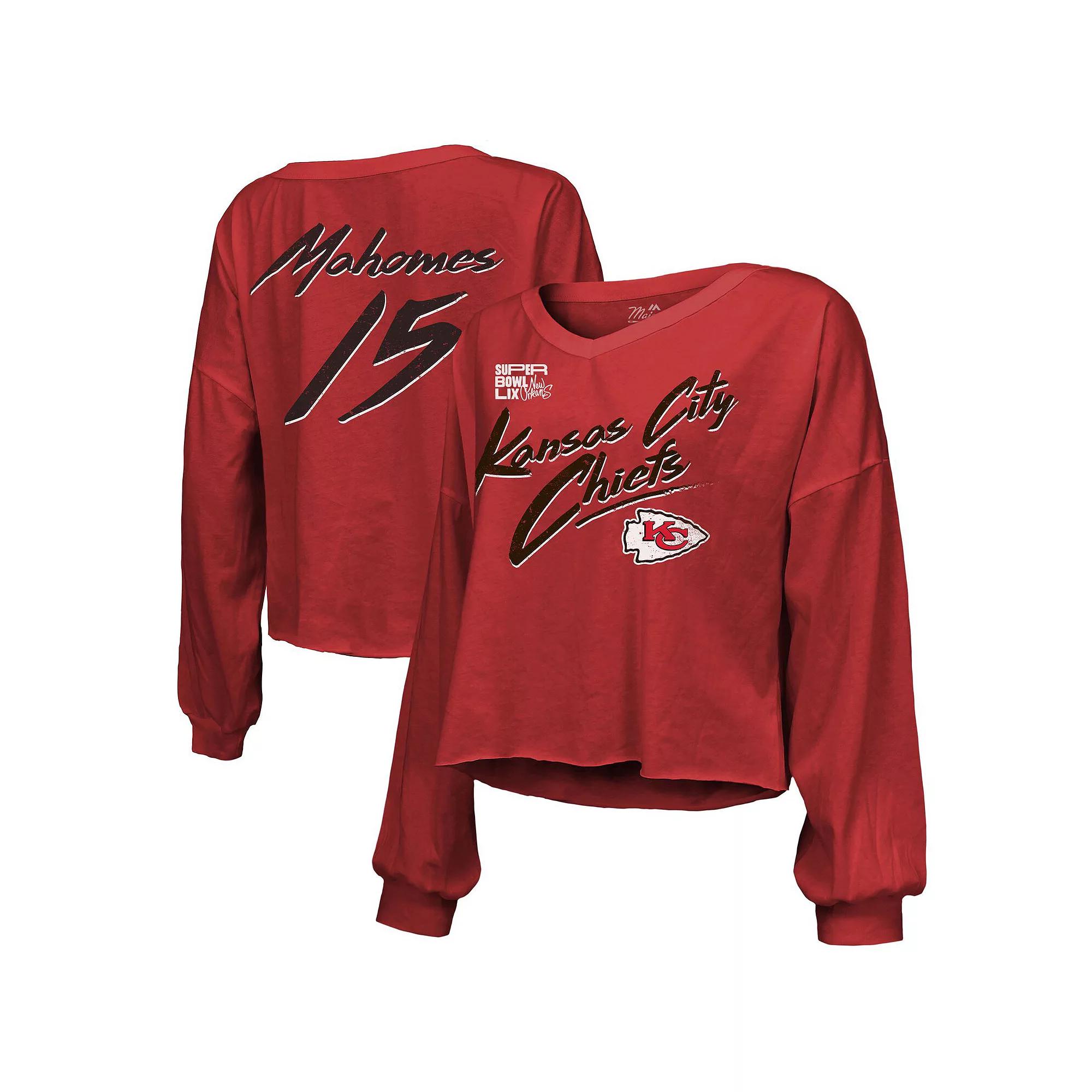 Women's Majestic Threads Patrick Mahomes Red Kansas City Chiefs Super Bowl LIX Name & Number Off-Shoulder Script Long Sleeve V-Neck T-Shirt, Size: XL Product Image