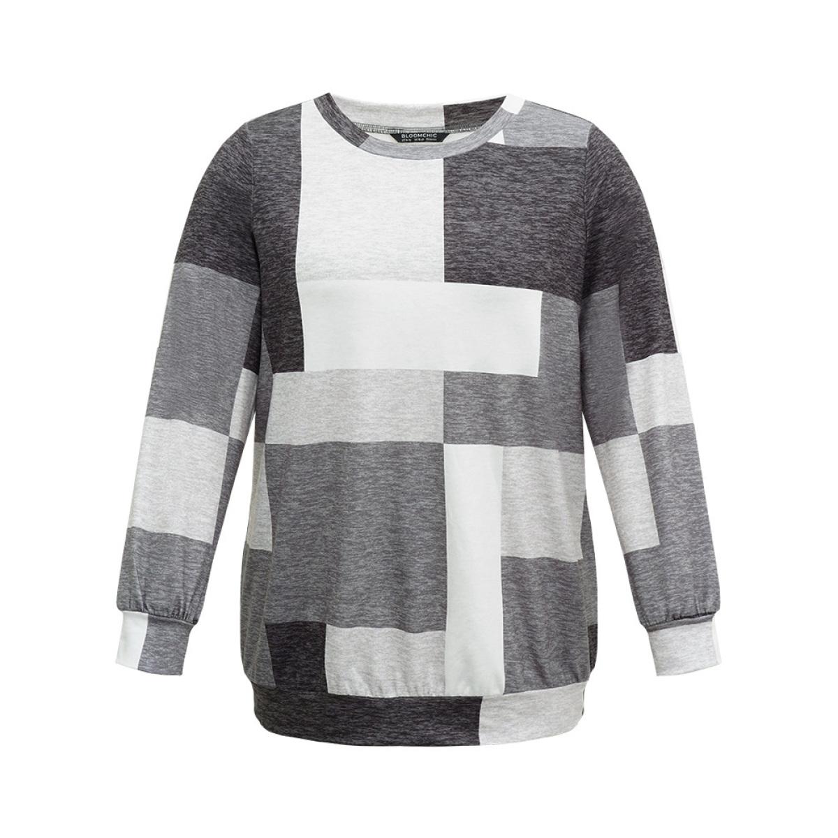 Plus Size Asymmetrical Colorblock Contrast Crew Neck Sweatshirt Women Black Casual Contrast Round Neck Dailywear Sweatshirts BloomChic 28/5X Product Image