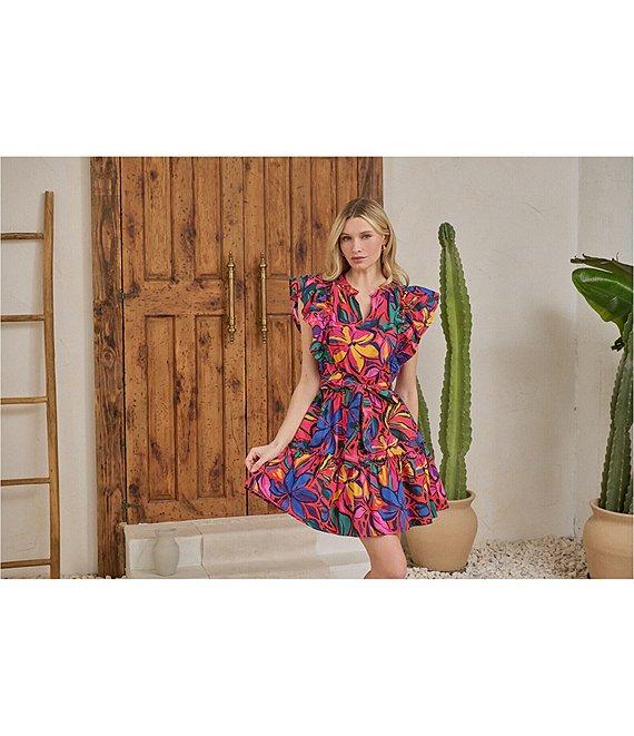 Sugarlips Rainbow Tropics Floral Printed Poplin Split V-Neck Short Ruffle Cap Sleeve Mini Dress Product Image