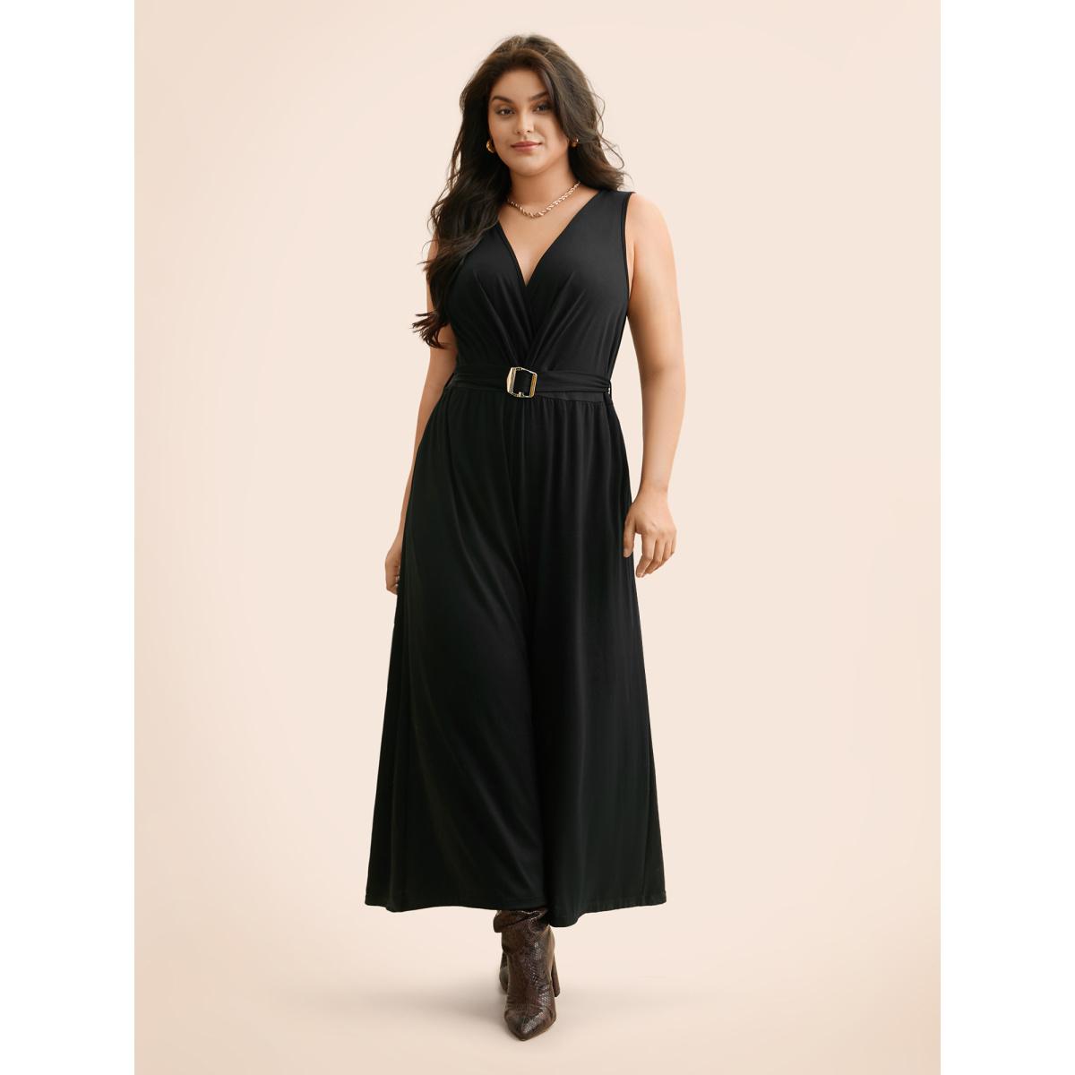 Plus Size Black Overlap Collar Metal Detail Belted Jumpsuit Women Elegant Sleeveless Overlap Collar Everyday Loose Jumpsuits BloomChic 18-20/2X Product Image