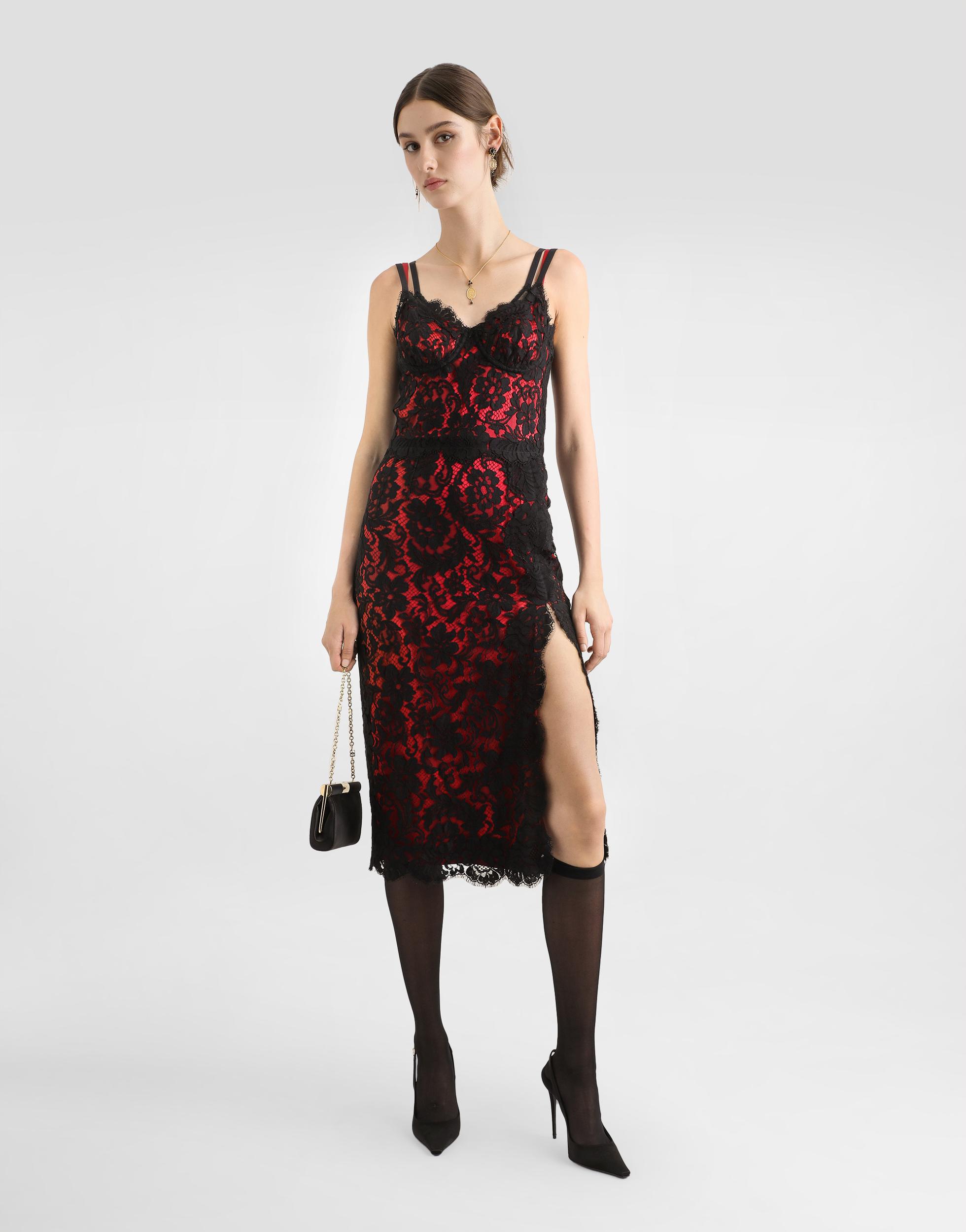 DOLCE & GABBANA Lace Midi Slip Dress In Black/red Product Image