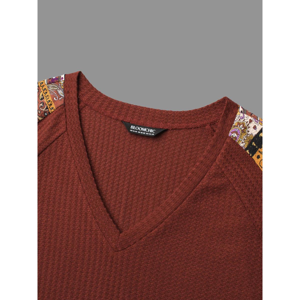 Plus Size Bandana Patchwork Waffle Knit T-shirt Maroon Women Casual Texture V-neck Loose Everyday T-shirts BloomChic 12/L Product Image