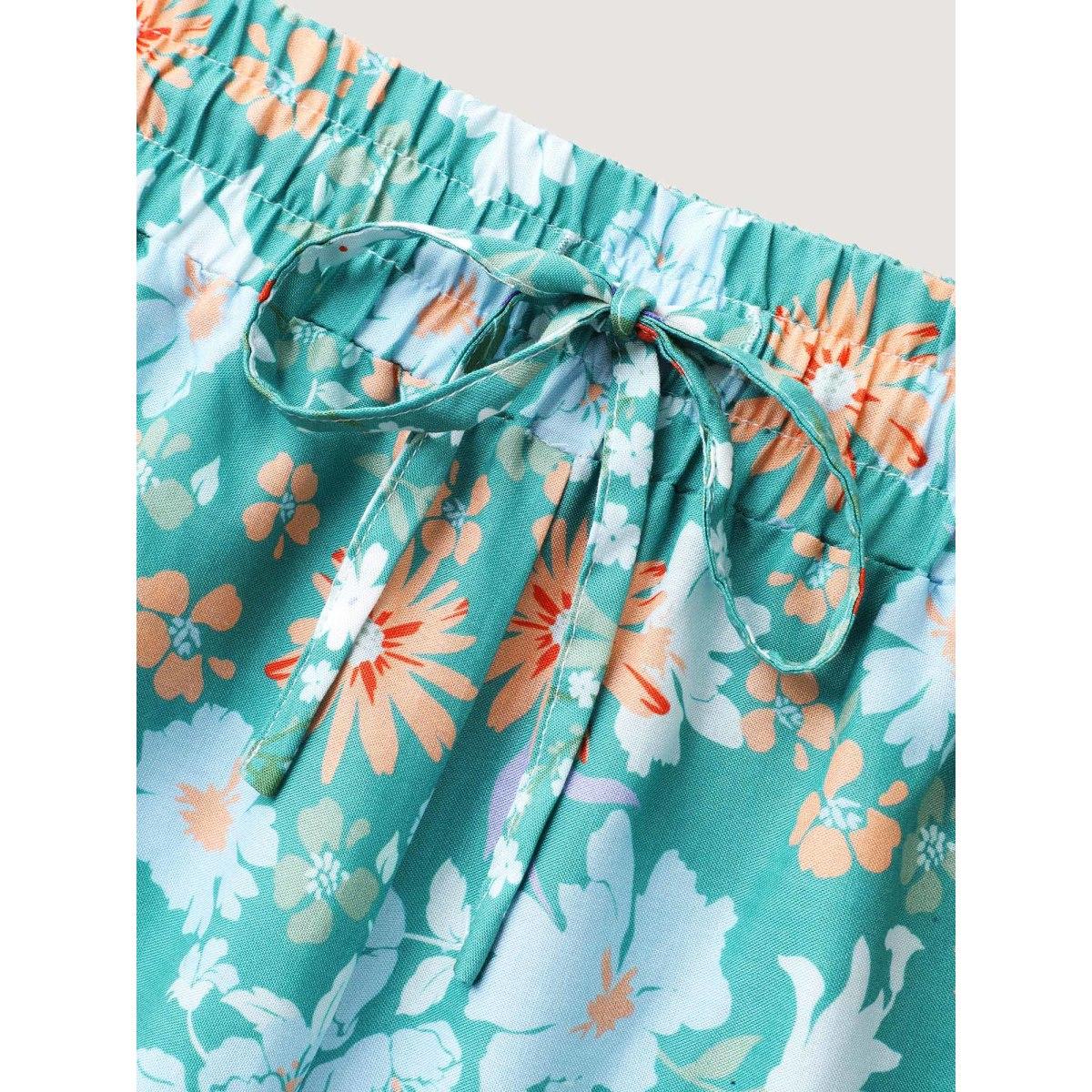 Plus Size Breezy Floral Print Wide-Leg Pants Women Turquoise Elegant Wide Leg Mid Rise Everyday-Elegant Pants BloomChic 28/5X Product Image