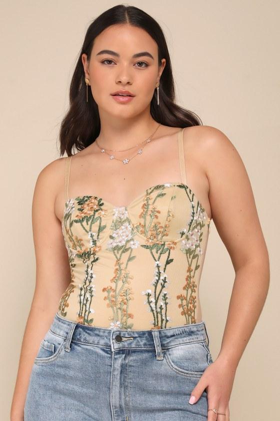 Essence of Elegance Beige Embroidered Bustier Bodysuit Product Image