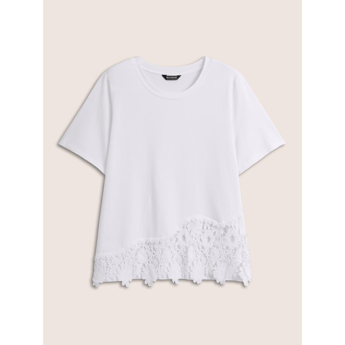 Plus Size Crew Neck Flower Lace Patchwork T-shirt WhiteSmoke Women Elegant Patchwork Round Neck Everyday T-shirts BloomChic 18-20/2X Product Image