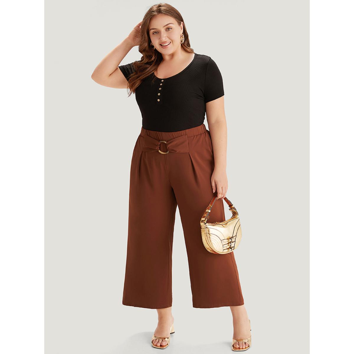 Plus Size Solid Metal Buckle Detail Pleated Pants Women Maroon Work From Home Straight Leg High Rise Work Pants BloomChic 30/6X Product Image
