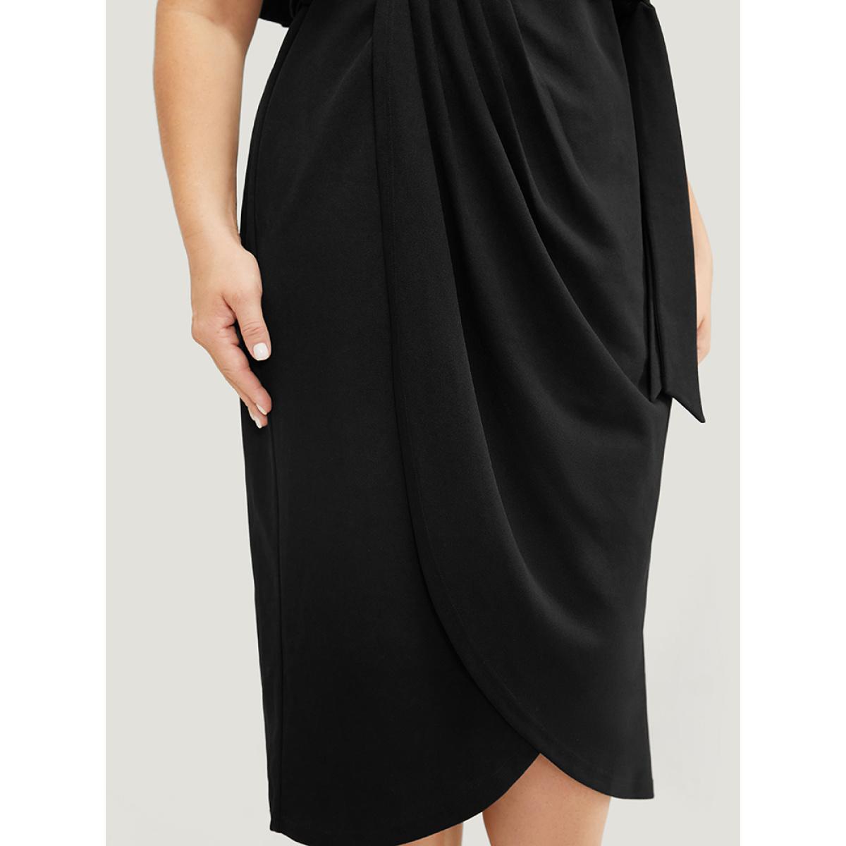 Plus Size Solid Ruffle Trim Belt Pleated Detail Bodycon Cami Dress Black Women Glamour Adjustable Straps Spaghetti Strap Sleeveless Curvy Midi Dress BloomChic 18-20/2X Product Image