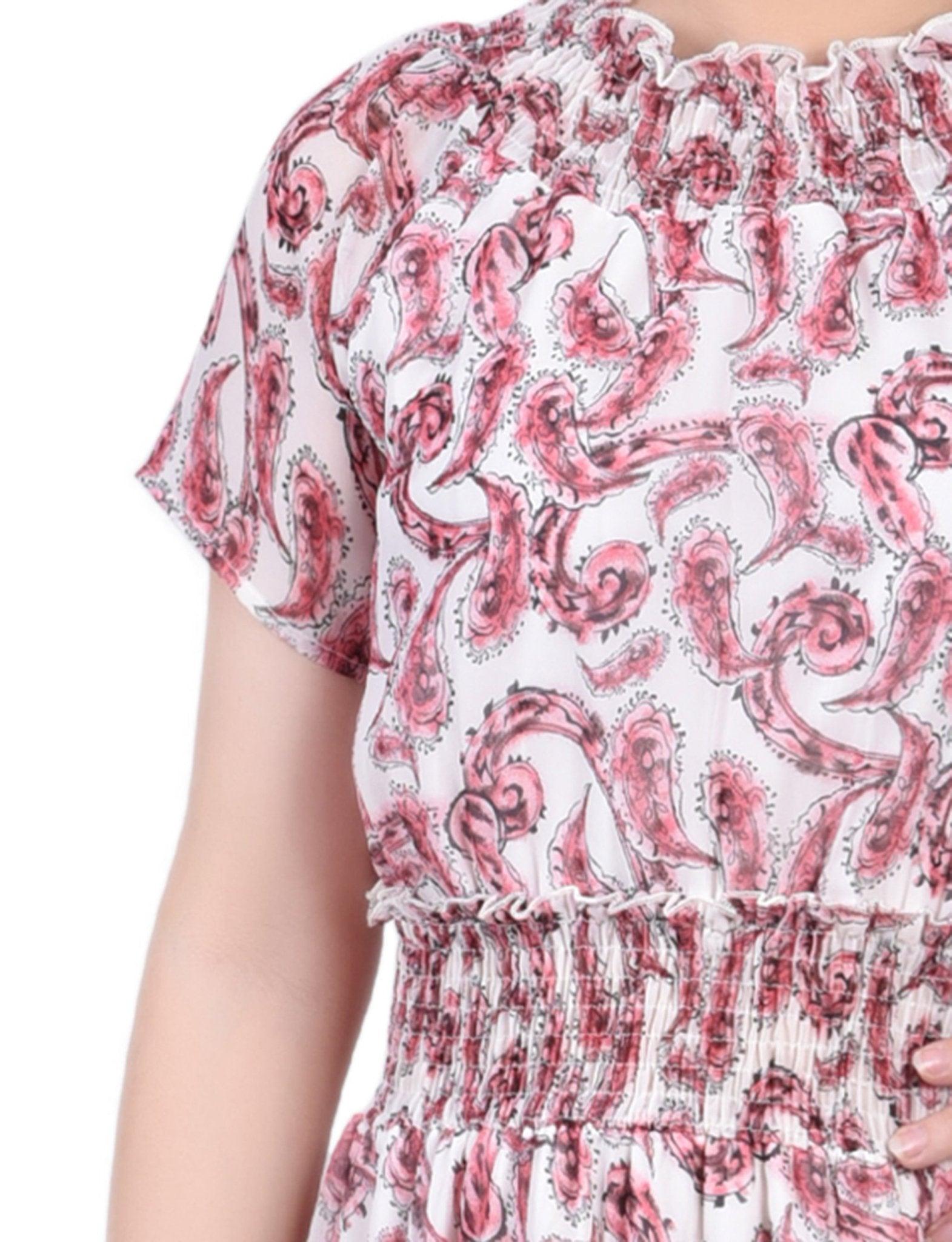 Burgundy Paisley Floral Short Sleeve Smocked Waist Dress Product Image