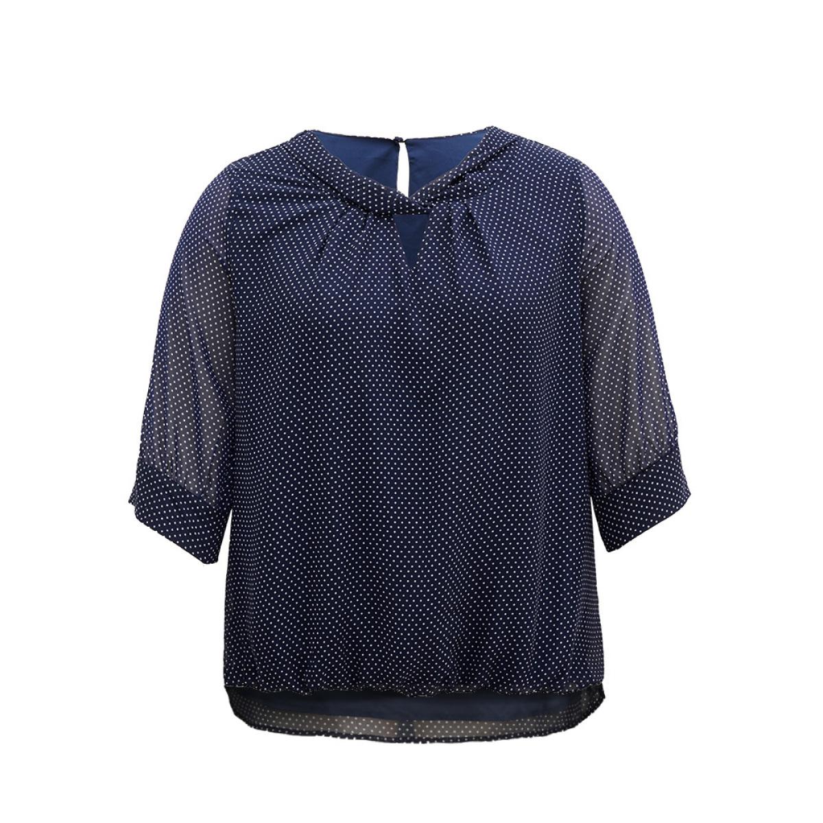 Plus Size Indigo Chiffon Polka Dot Mesh Keyhole Twist Front Blouse Women Office Elbow-length sleeve Round Neck Work Blouses BloomChic 14-16/1X Product Image