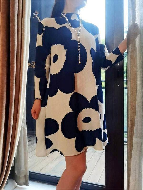 Long Sleeves Loose Flower Print Pleated Mock Neck Mini Dresses Product Image
