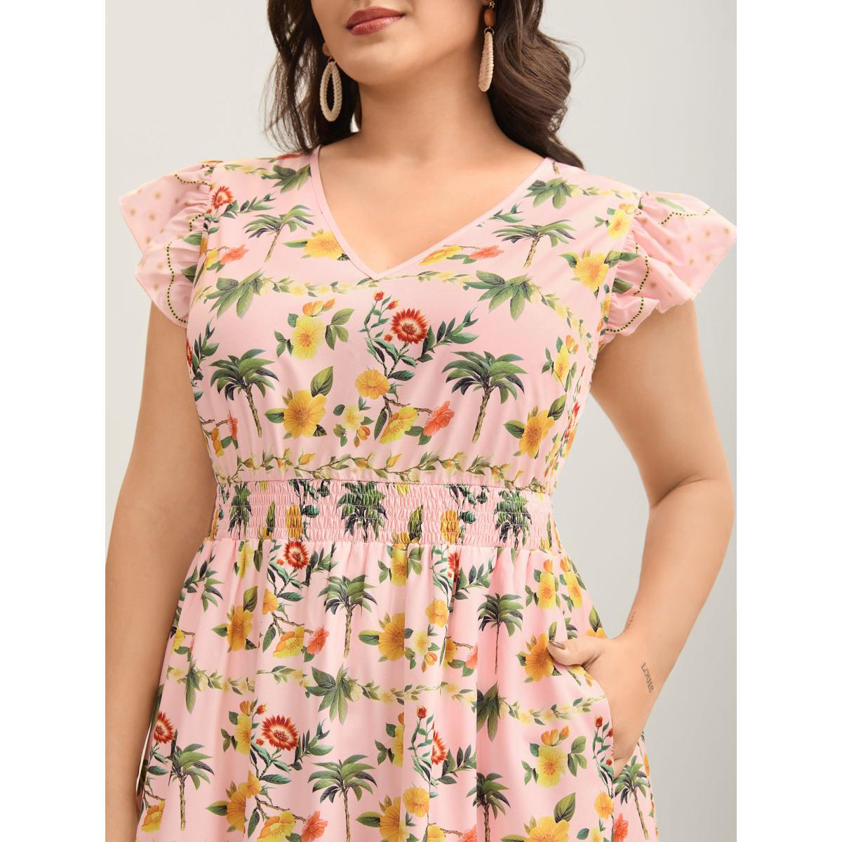 Plus Size Tropical Print Shirred Waist Flutter Maxi Dress Crepe Women V-neck Short sleeve Curvy BloomChic 10/M Product Image