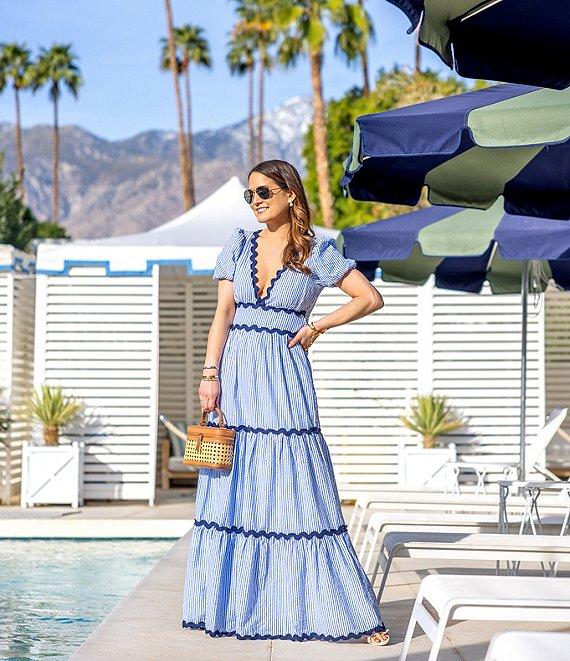 SAIL to SABLE x Style Charade Stripe Print V-Neck Short Sleeve Seersucker Maxi Dress Product Image