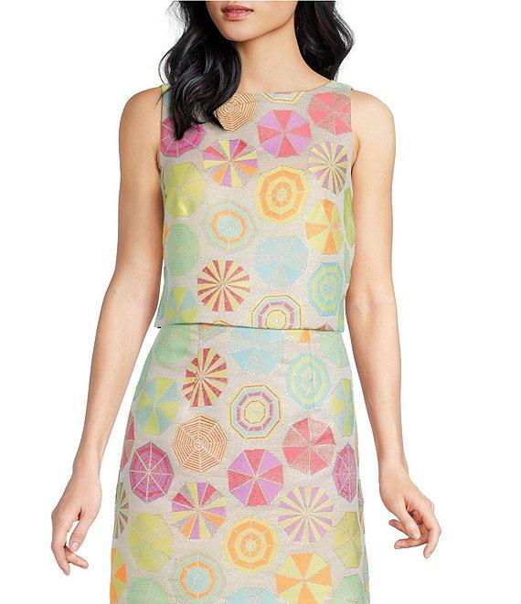 Trina Turk Cayley Jacquard Umbrella Print Boat Neck Sleeveless Coordinating Crop Top Product Image