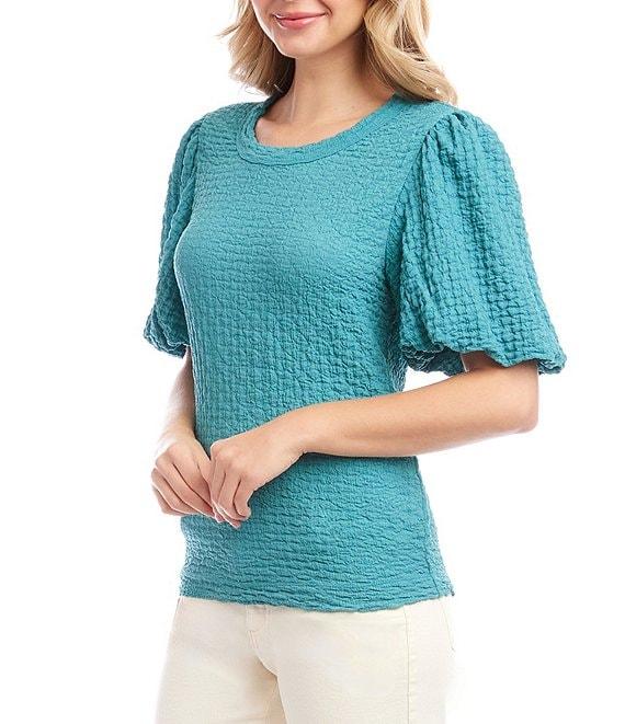 Karen Kane Crew Neck Short Bubble Puff Sleeve Textured Top Product Image
