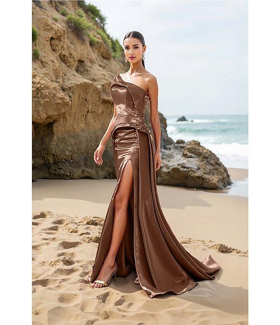 Terani Couture Shimmer Knit Asymmetric Strapless High Slit Gown Product Image