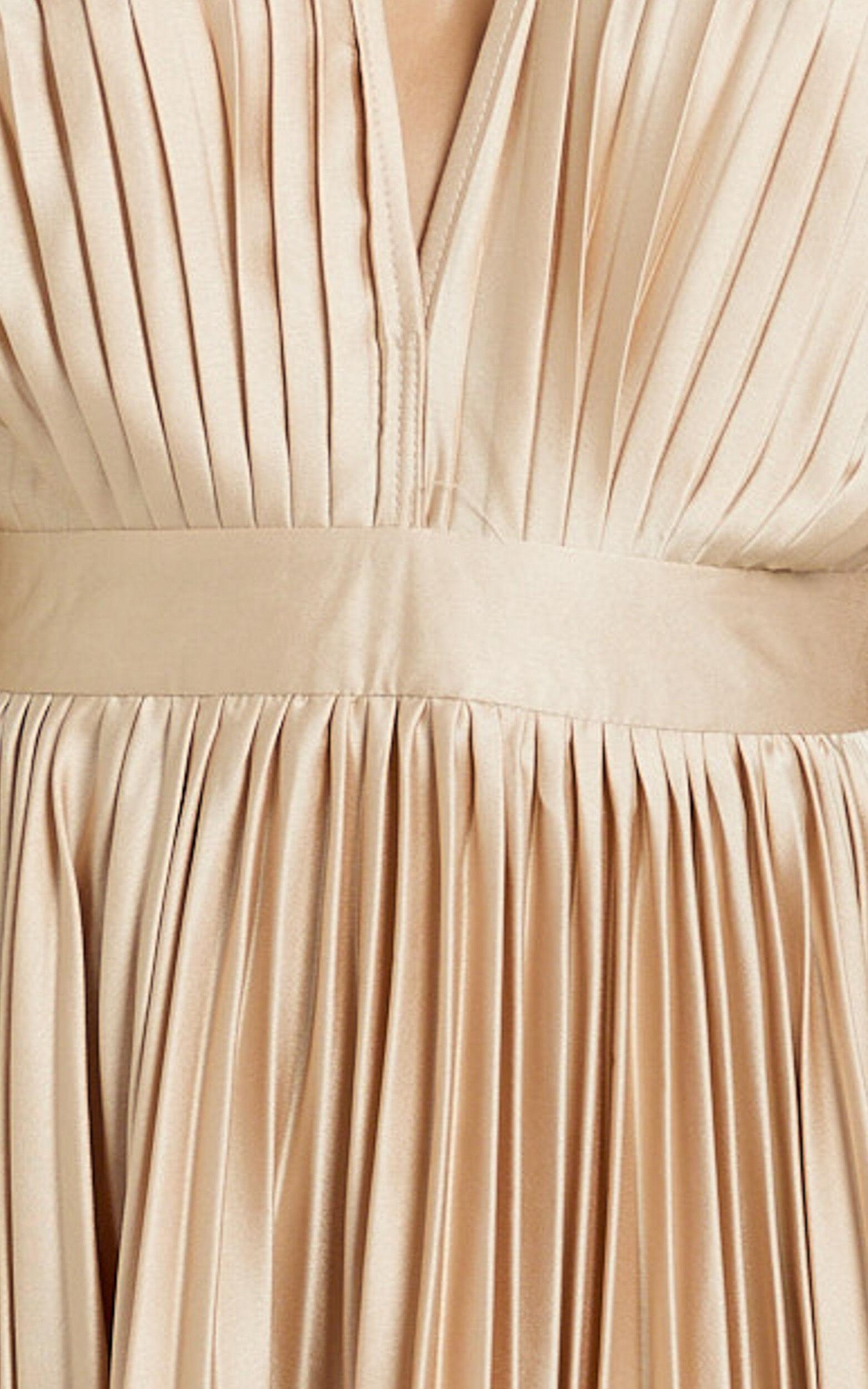 Della Midi Dress - Plunge Neck Short Sleeve Pleated Dress in Champagne Product Image