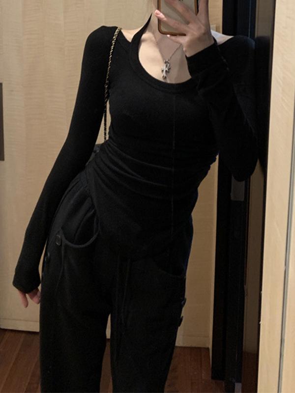 Solid Halter Backless Curvy Hem Long Sleeve Knit Product Image