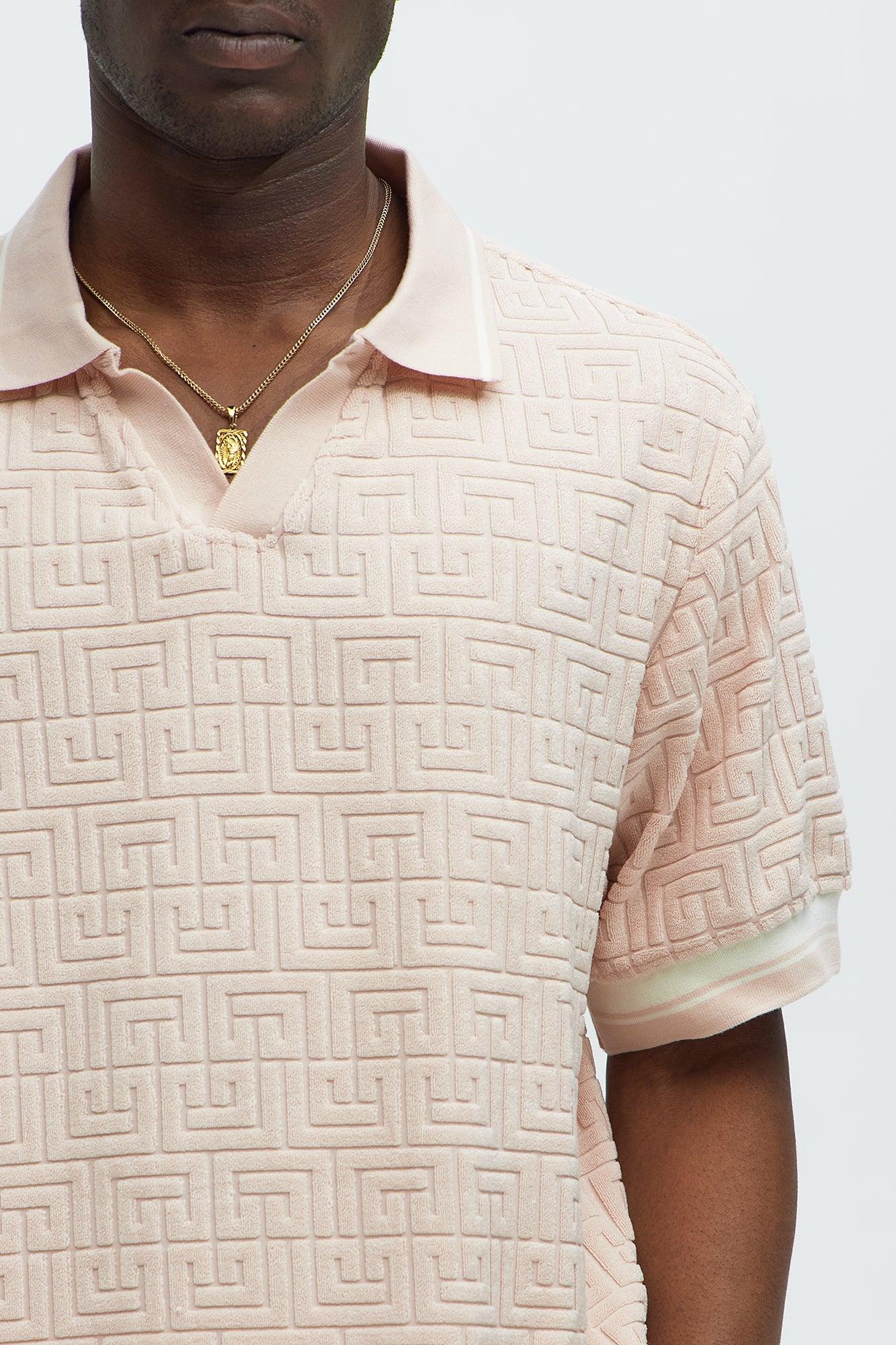 Grecian Textured Johnny Collar Polo Shirt - Pink Product Image