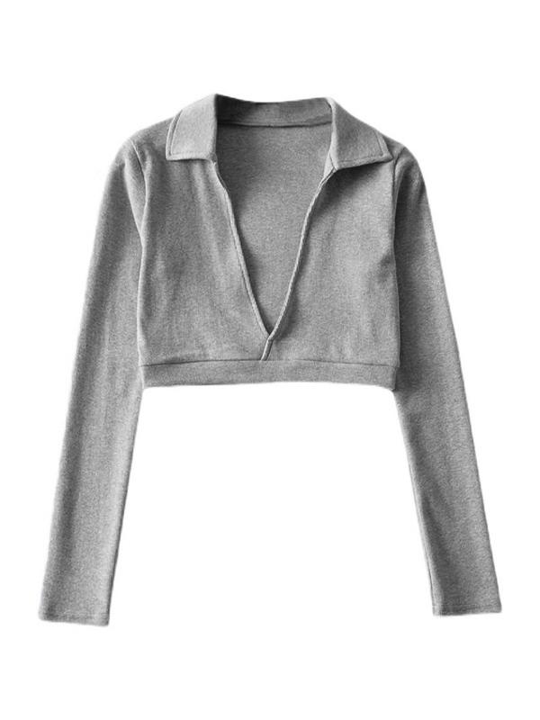 Solid Color Plunge Neck Crop Long Sleeve Knit Product Image