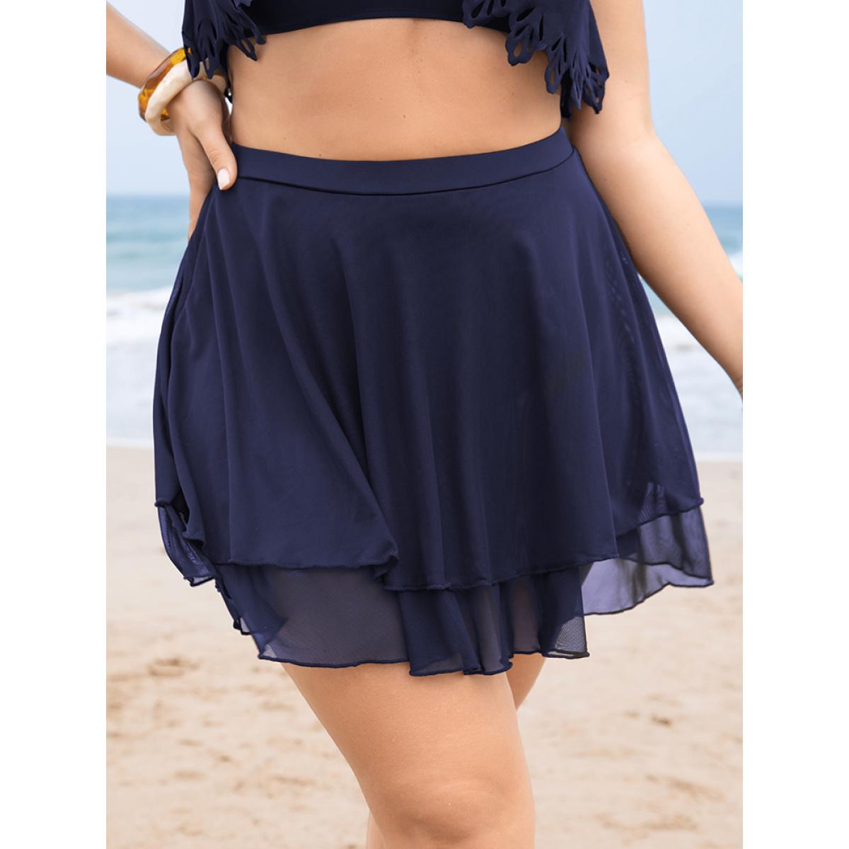 Plus Size Plain Mesh Ruffle Tiered Swim Skirt Women's Swimwear Indigo Vacation A-line High stretch Bodycon High Rise Curve Swim Bottoms BloomChic 30/6X Product Image