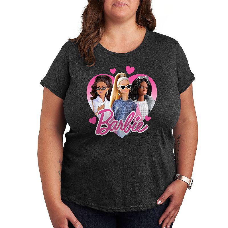Plus Size Barbie Group Heart Graphic Tee, Womens Heather Grey Product Image
