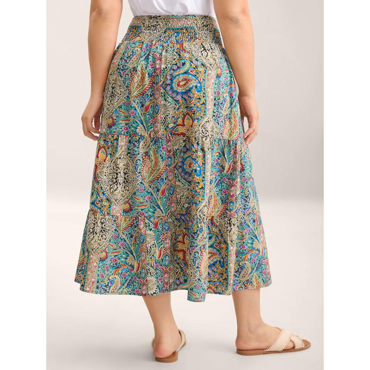 Plus Size Paisley Print Shirred Waist Midi Skirt Women Multicolor Boho Patchwork Low stretch Slanted pocket Vacation Skirts BloomChic 26/4X Product Image