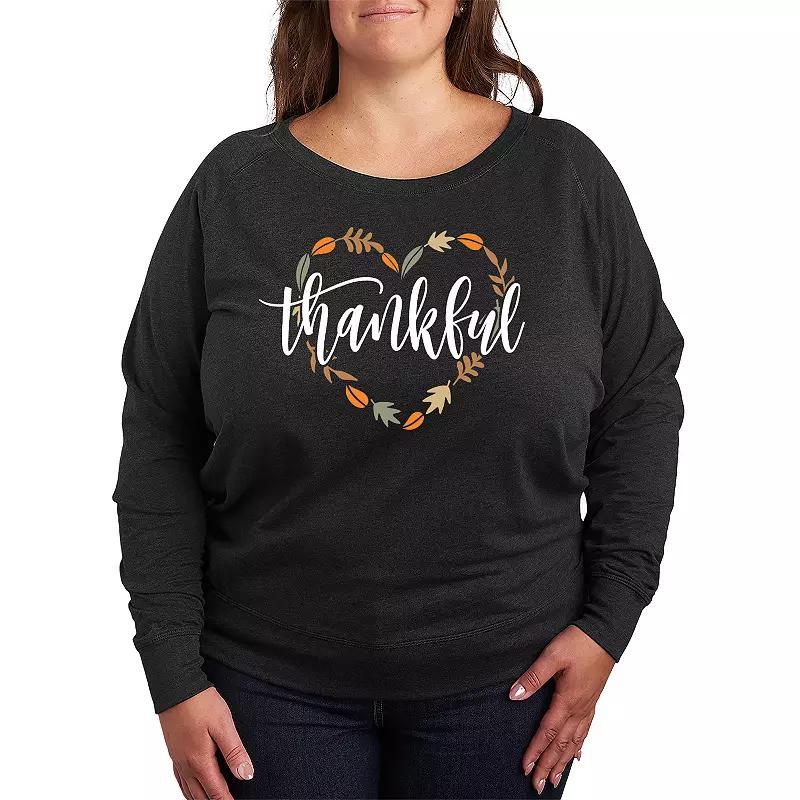 Plus Size Thankful Leaf Heart French Terry Long Sleeve Tee, Women's, Size: 3XL, Heather Grey Product Image