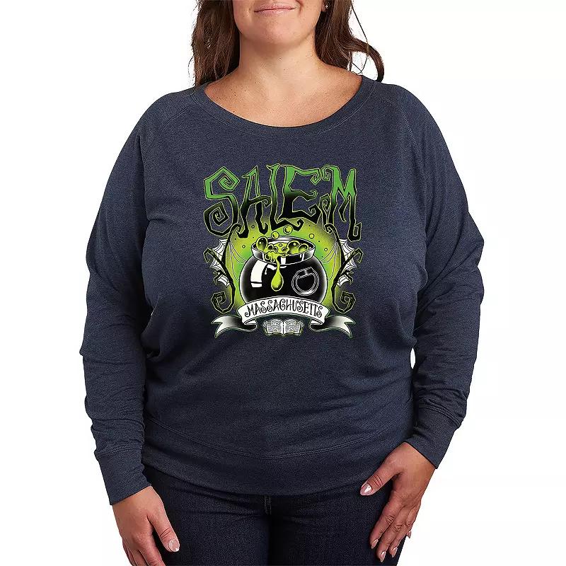 Plus Size Salem Witchy Collegiate French Terry Long Sleeve Tee, Womens Grey Blue Product Image