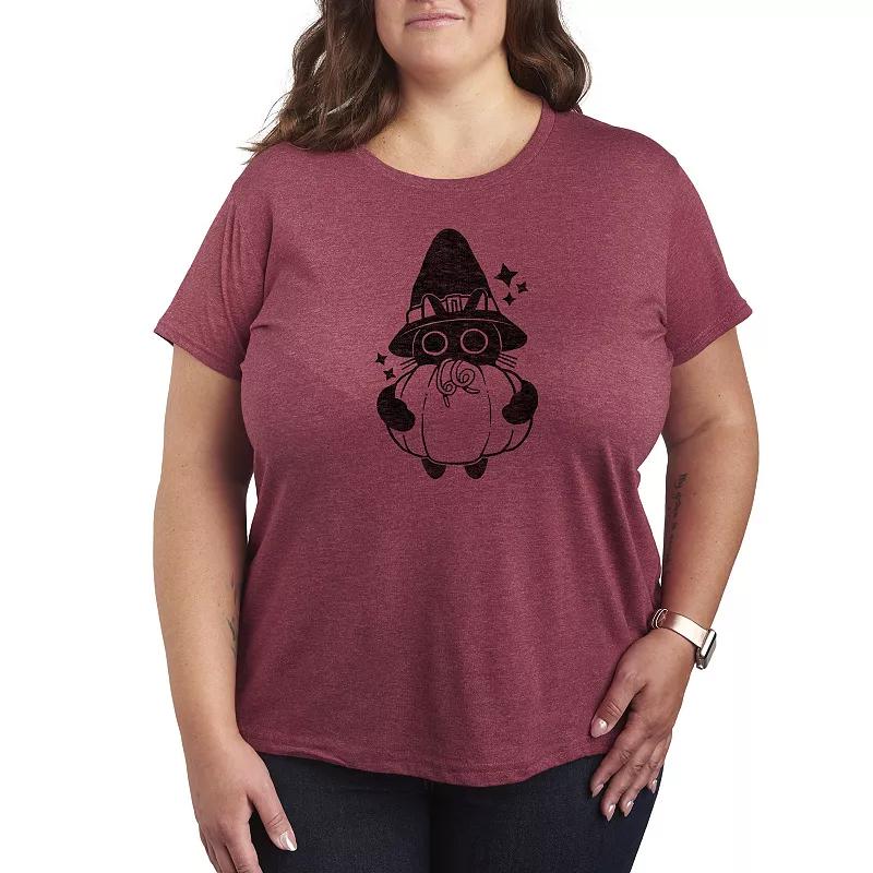 Plus Size Witch Cat With Pumpkin Graphic Tee, Womens Product Image