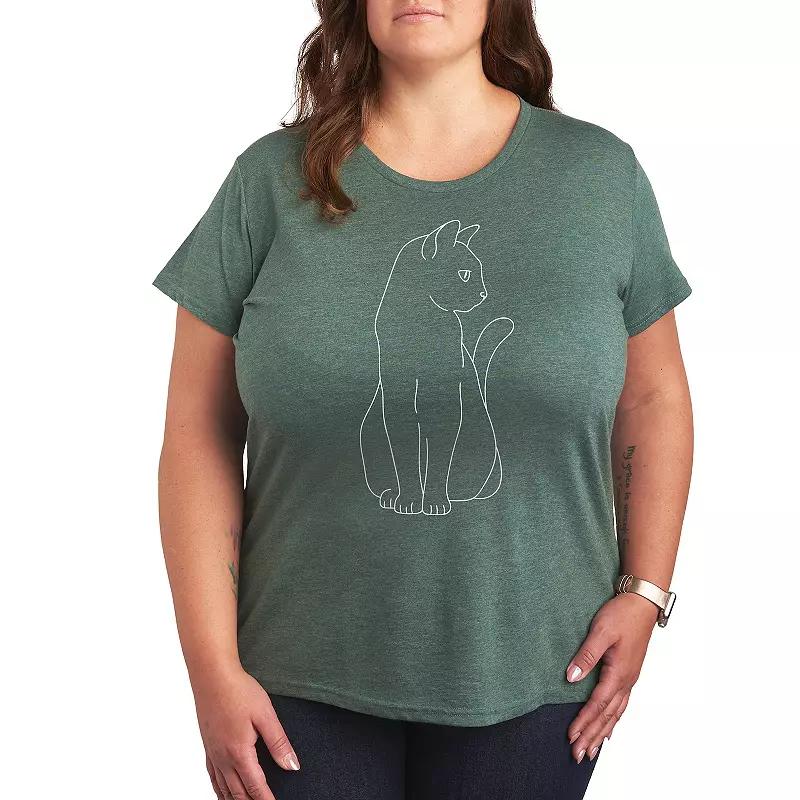 Plus Size White Cat Outline Graphic Tee, Womens Grey Green Product Image