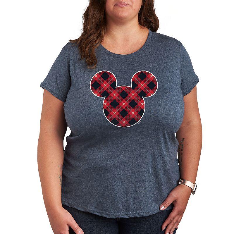 Disneys Mickey Mouse Plus Plaid Silhouette Graphic Tee, Womens Grey Blue Product Image