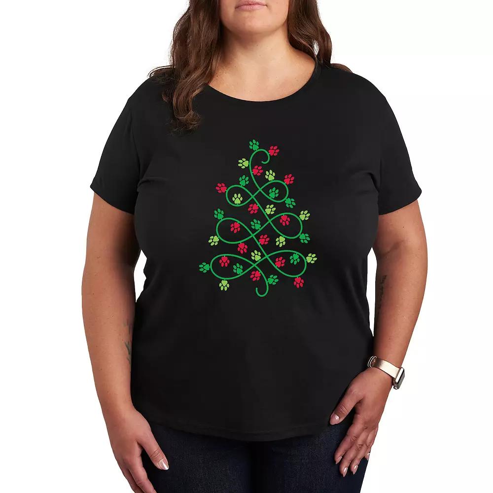 Plus Size Paw Print Christmas Tree Graphic Tee, Womens Product Image