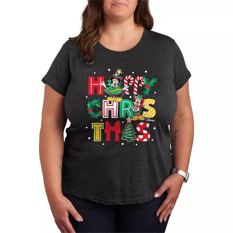 Disneys Mickey & Minnie Mouse Plus Size Happy Christmas Graphic Tee, Womens Heather Grey Product Image