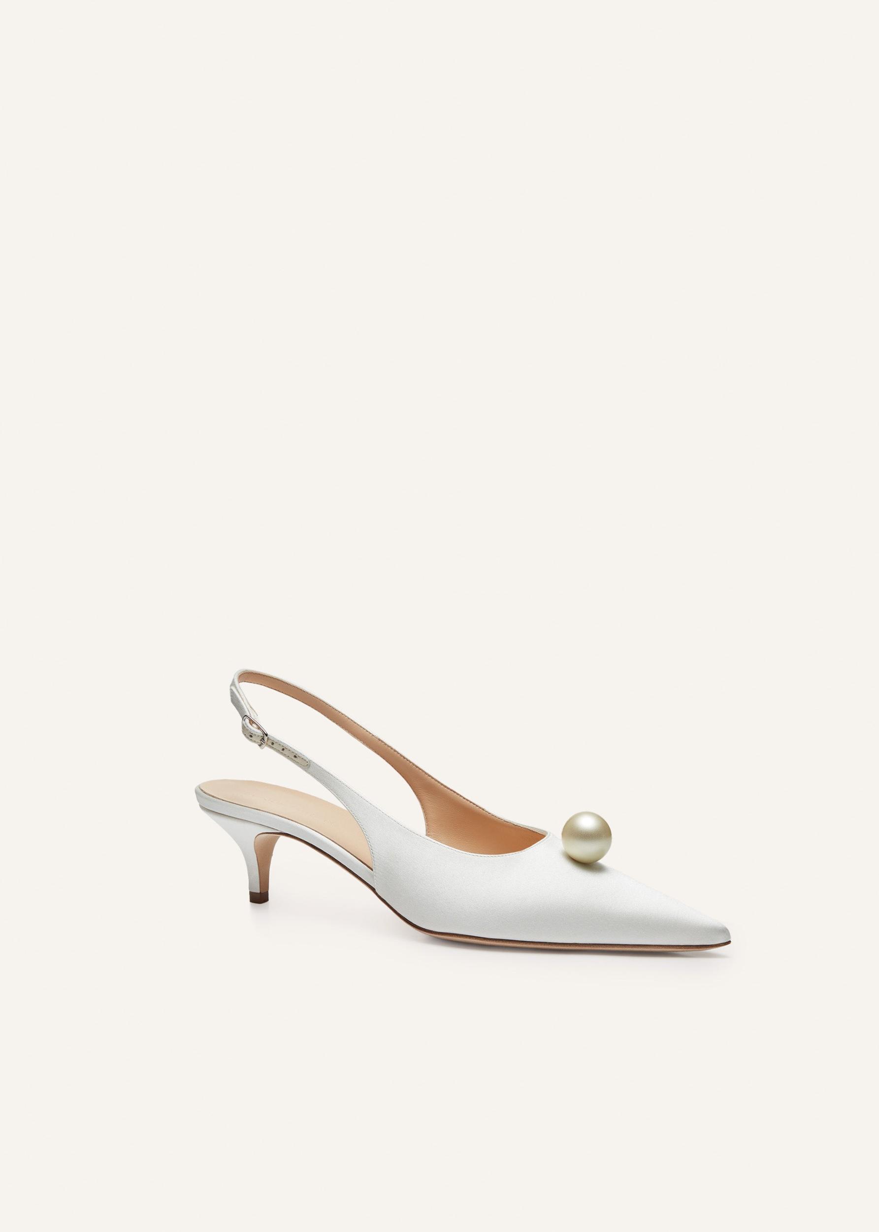 Slingback pearl kitten heels in cream satin Product Image