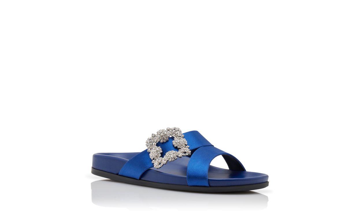 CHILANGHI Blue Satin Jewel Buckle Flat Mules Product Image