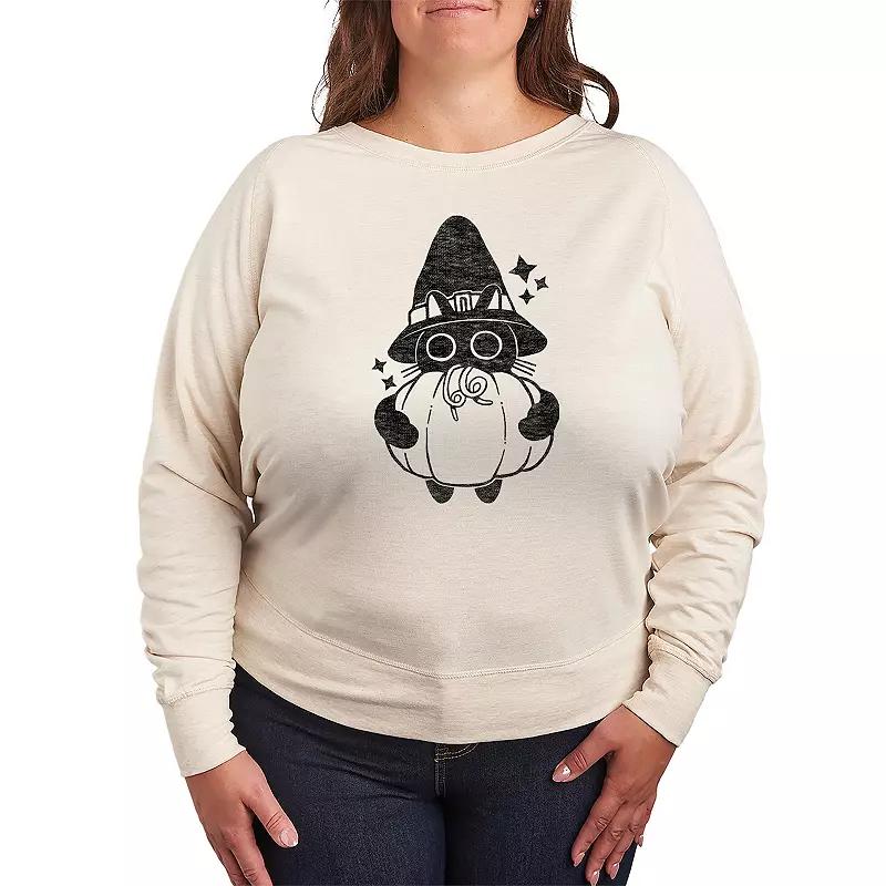 Plus Size Witch Cat With Pumpkin French Terry Long Sleeve Tee, Womens Grey Green Product Image