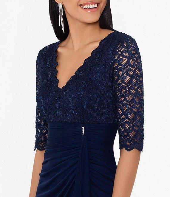 Betsy & Adam Sequin Lace V-Neck 3/4 Sleeve Gown Product Image